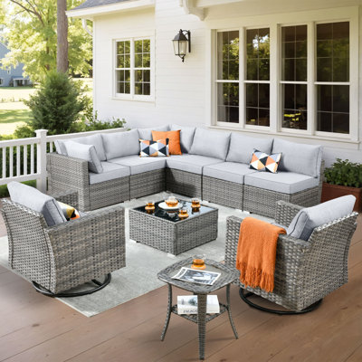 Rebbecca 8 - Person Patio Furniture Set with Swivel Rocker, Outdoor Wicker Rattan Sectional Seating Group with Cushions, All Weather Sofa Conversation Set with Fire Pit Table for Garden Backyard