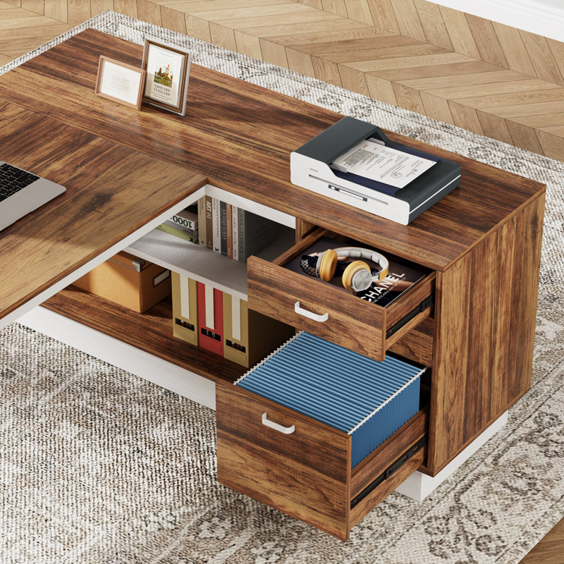 71" L-Shaped Executive Desk with Cabinet, Large Office Desk with Drawers and Storage Shelves