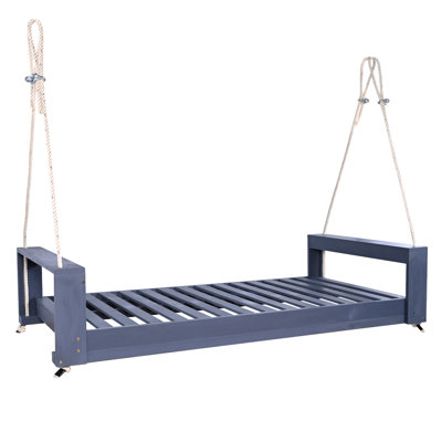 Twin Size Porch Swing Bed Seating Group, Patio Acacia Wood Swing Frame With Hemp Ropes For Garden, Backyard