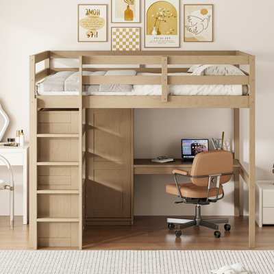 Wood Full Size Loft Bed with Built-in Wardrobe, Desk, Storage Shelves and Drawers,