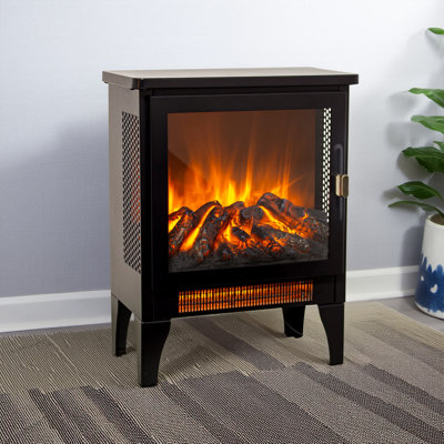 Foyer électrique autoportant noir de 17 pouces avec fonction de chauffage de la fournaise et effet de flamme 3D. Sa taille compacte convient aux chambres à coucher et aux salons, fournissant à la fois chauffage et décoration.