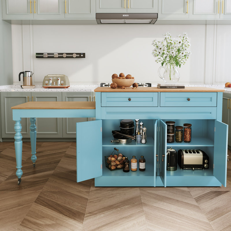 Kitchen Island with Retractable Table, Built-in Charging Station, and Lockable Wheels, Blue