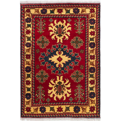Tapis unique en laine noué à la main style Kargahi des années 2010 de 3 pi 5 po x 5 pi rouge / jaune / noir Antiochos
