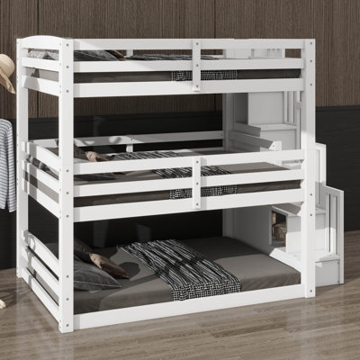 Full-Size Triple Bunk Bed Frame With Storage Staircase & Full-Length Safety Barriers, Intended For Separate Bedroom