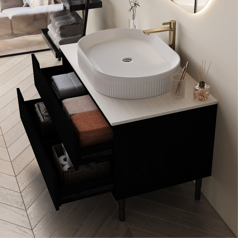 Lavabo de salle de bain ultra-moderne de 36 pouces, lavabo autoportant ou mural, en céramique non poreuse et plateau avec placage
