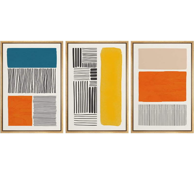 Abstract Vibrant Color Blocks " Bright Color Block Collage Abstract Shapes " 3 - Pieces, 24" H x 48" W, Natural Framed