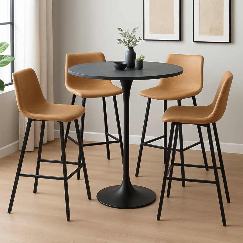 Brookhaven 5-Piece Bar-Height Dining Set With Round MDF Bar Table And Stainless Steel Base, Upholstered Leather Bar Stools With Iron Legs