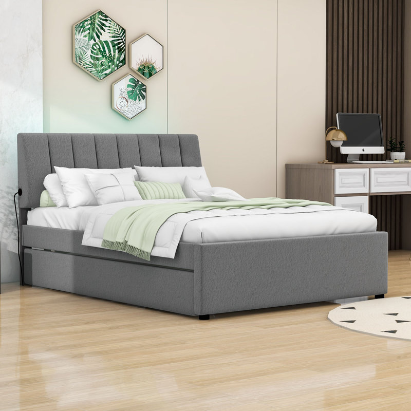 Lit plateforme tapissier avec lit gigogne et lumières DEL, Grand, gris