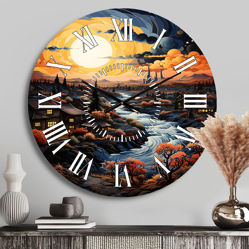 Vangogh Village At Sunset I - Vangogh White Face Wall Clock, Medium
