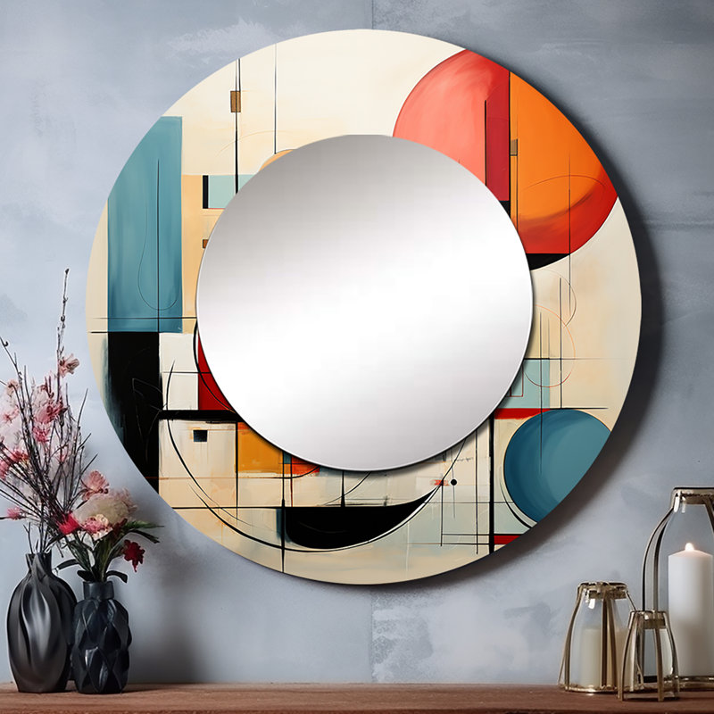 Coloré Mid Century Dynamic Duality II - miroir décoratif moderne de style Mid-Century, miroir mural rond de style Mid-Century, impression d'art en métal