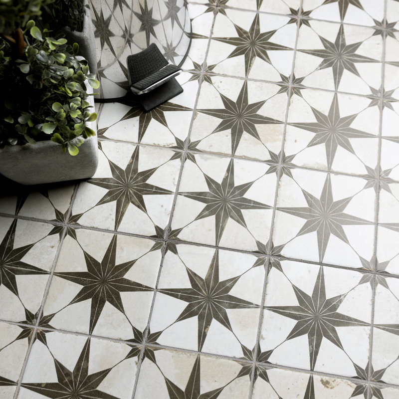 Harmonia 13" x 13" Ceramic Patterned Wall & Floor Tile, White/Black