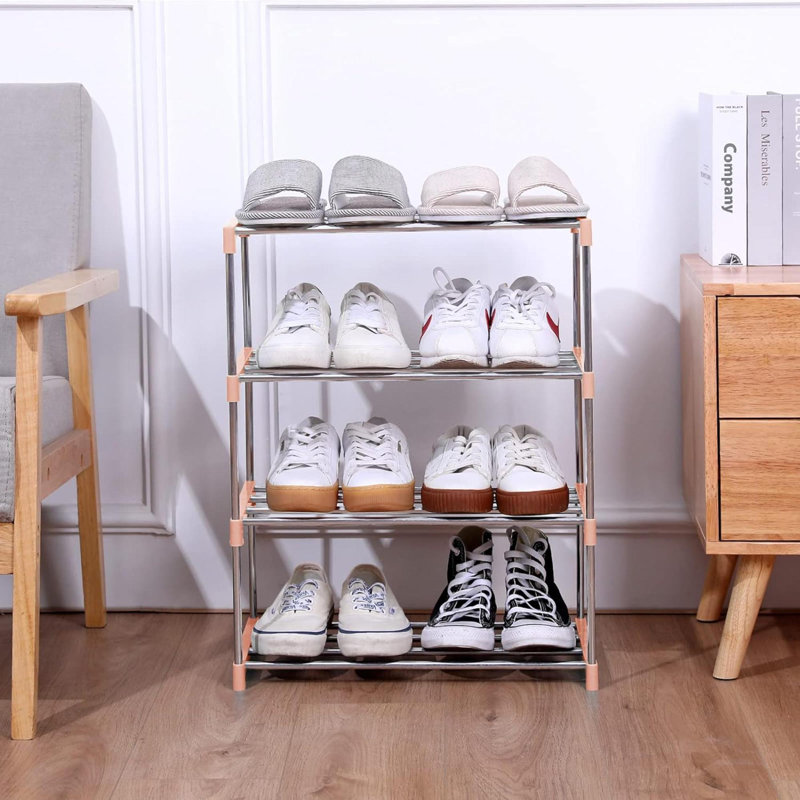 Pink and Silver 4-Tier Stackable Shoe Rack for Entryway