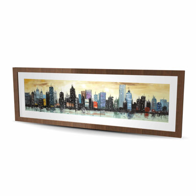 «Skyline on Abstract Cityscape», reproduction encadrée de chambre à coucher bleue