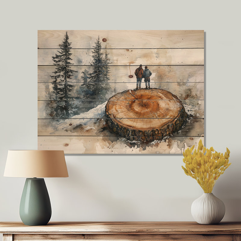 Hiking In A Winter Landscape II - Hiking Wood Wall Decor - On Natural Pine Wood, 24" H x 32" W