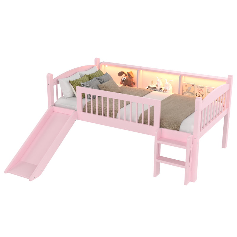 Twin Size Solid Wood Loft Bed with Storage Shelves, LED Lights, Full-Length Guardrails, No Box Spring Needed, Pink, Twin