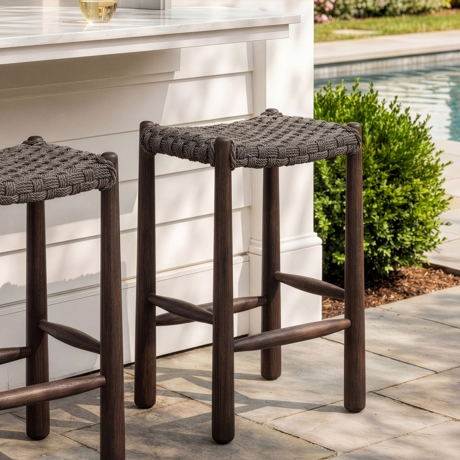 Savio Outdoor Stool-Dark Textured Woven-Counter, 30", Brown