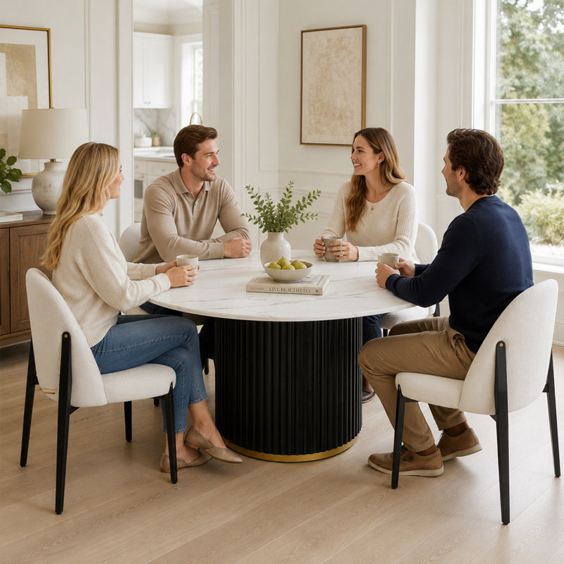 47" Round Dining Table Set for 4, Modern 5-Piece Dining Room Set with White Marble Veneer Top Kitchen