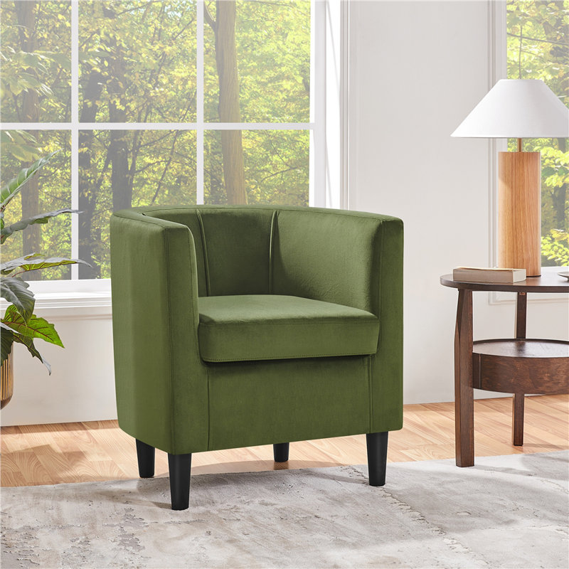Barrel-Shaped Upholstered Velvet Chair, Olive Green Polyester Blend
