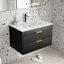 Meuble-lavabo simple mural 30 po avec comptoir en céramique, meuble-lavabo flottant noir et 2 tiroirs