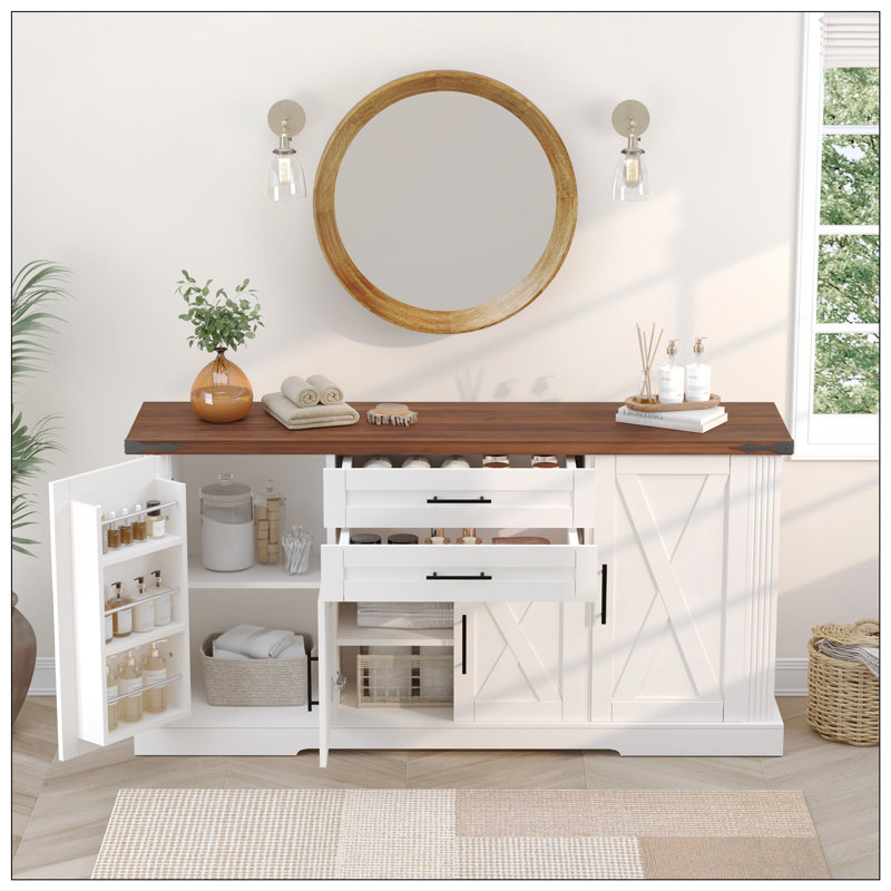 63 Inch Farmhouse Barn Door Storage Cabinet with 2 Drawers and Adjustable Shelves for Organized Living in Any Room, White