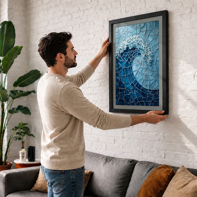 Mosaic Wave Abstract - Framed Print, A2 - 59.4 x 42.0 cm, Black