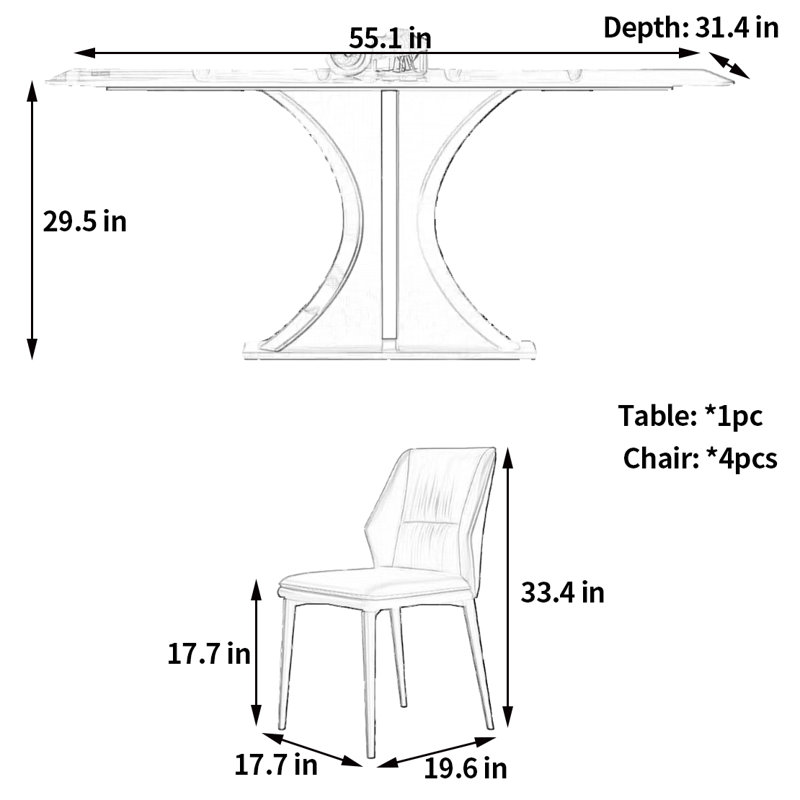 Table et chaise de salle à manger moderne et élégante, H 29,5 po x L 55,1 po x l 31,4 po