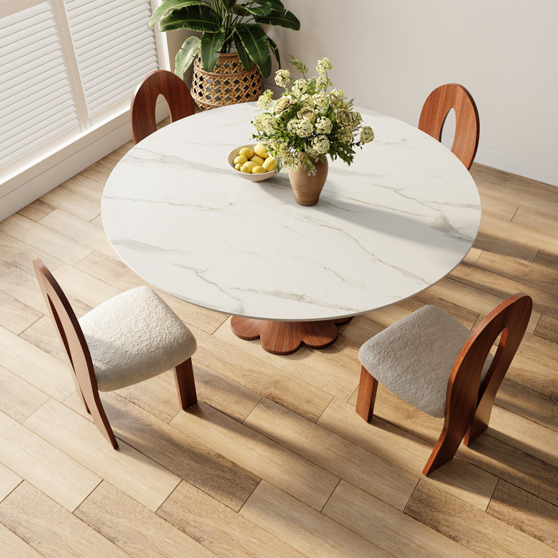 Round Stone Danner Solid Wood Pedestal Floral Shape Kitchen Dinner Table For 4/6/8, Blanc / Gris