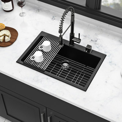 33X22" Black Quartz Composite Sink, Strong And Construction Kitchen Granite Feel, Design