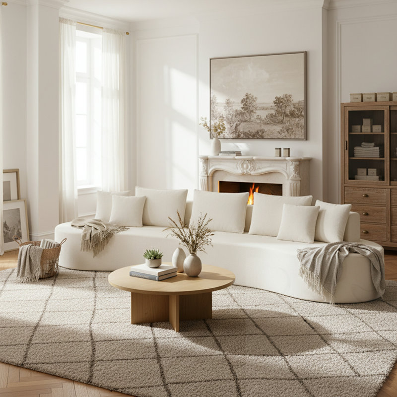 Canapé modulaire courbé avec coussins, Polyester blanc