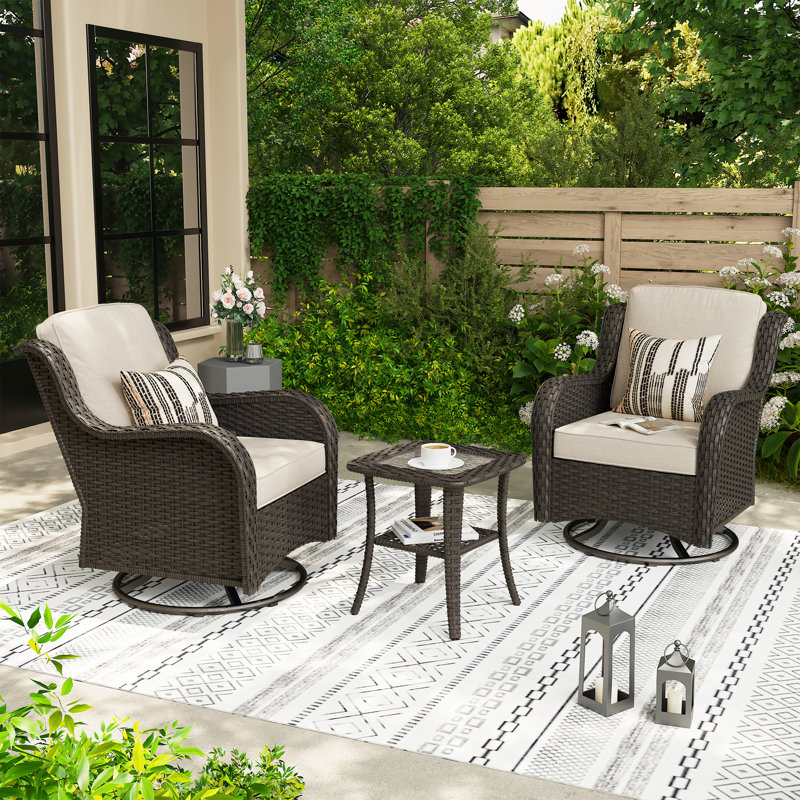 Amerissa 3 Piece Outdoor Swivel Chair, Rocking Patio Set With Cushions, Beige Cushion/Brown Frame