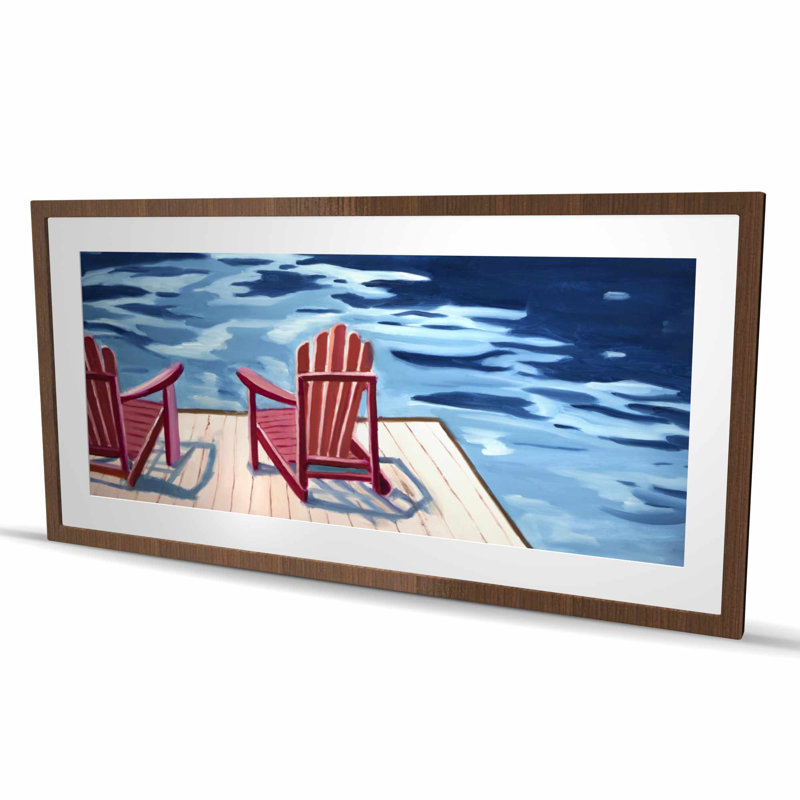 «Lake Dock Mountains Chairs», reproduction encadrée avec passe-partout | Décoration intérieure