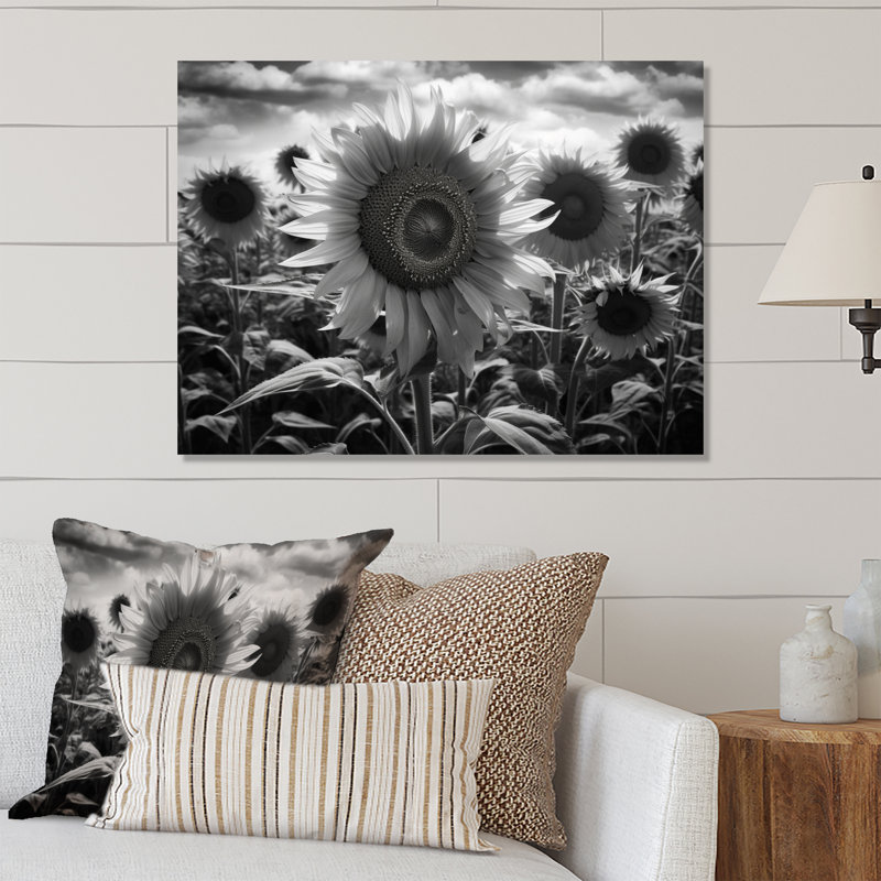 Noir et blanc tournesol classé I - art mural floral en métal, H 16 po x l 32 po x P 1 po