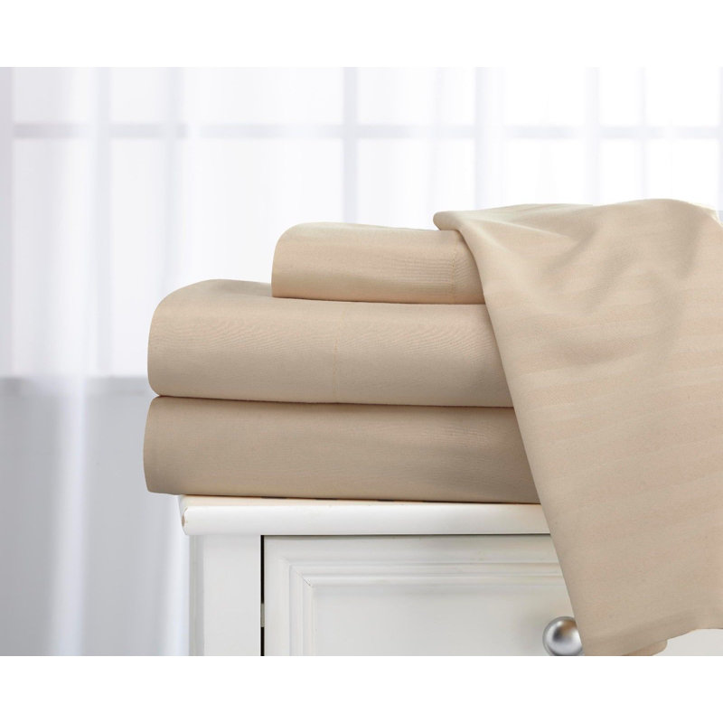 100% Cotton Sateen Striped Sheet Set, Queen Sheet Set + 2 Pillowcases, Beige