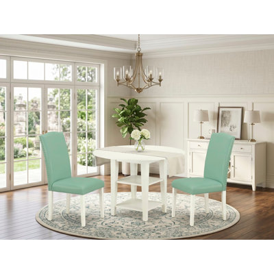 L'ensemble de salle à manger 3 pièces comprend une table de salle à manger ronde avec feuilles et tablettes Dropleaf et 2 chaises rembourrées en similicuir pour étang, blanc lin