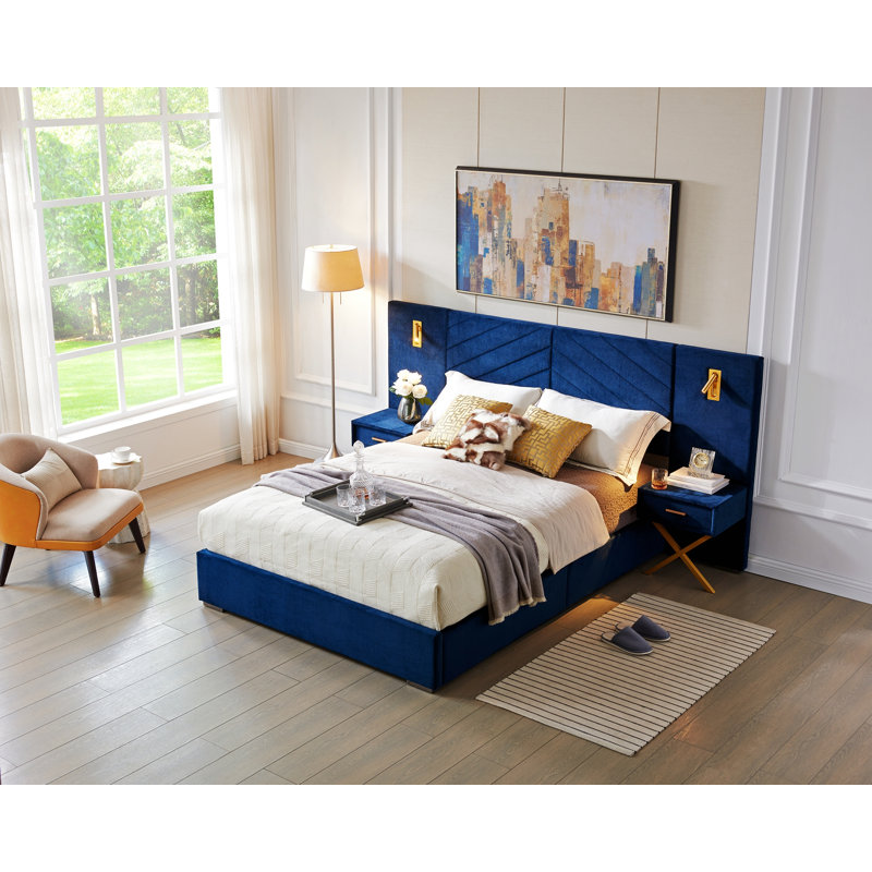 Cadre de lit, lit plateforme tapissier avec tête de lit, Grand lit, Blue
