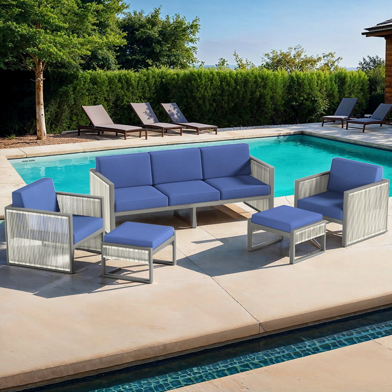 5-Piece Metal Outdoor Patio Conversation Sectional Seating Set With Cushions, Blue