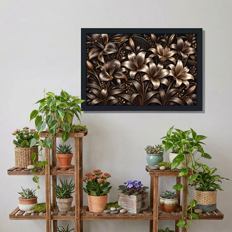Art mural sur toile, lis métalliques bronze sur fond foncé, 24"H x 36"W