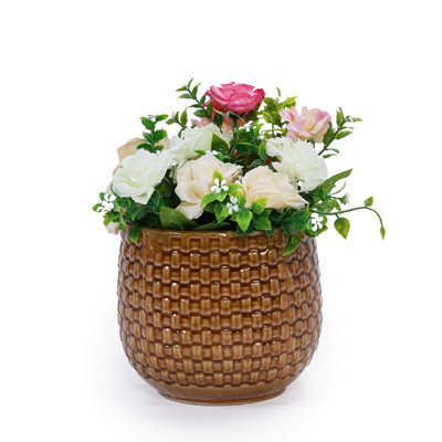 Orange & Dark Brown Ceramic Planter Of 3, Ideal For Small Flowers Greenery, Weather-, Built-In Drainage Hole, 12.09 Lb 3 Flowerpot, Versatile Patio, Garden, And Living Room, All-Weather Performance,