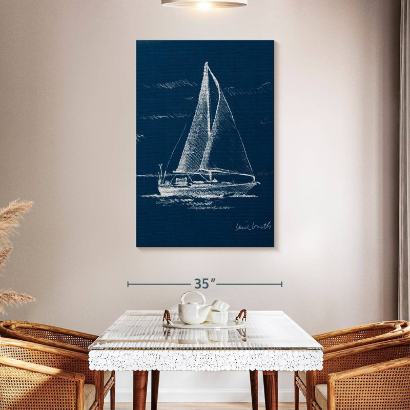 Voilier Mehar sur toile de jute bleue I, H 48 po x l 32 po