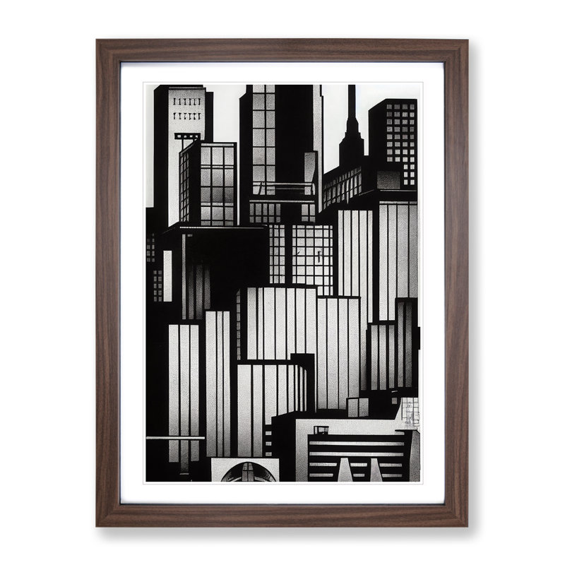 Monochrome City Skyline - Wall Art, 64cm H x 46cm W x 2cm D, Walnut Framed