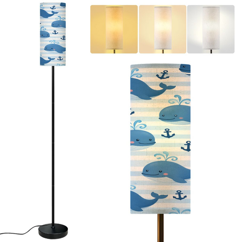  68.5" Standing Floor Lamp Cute Blue Cartoon Whale Nautical Anchors Light Stripes Dimmable Metal Pole Lamp with Linen Lampshade LED Bulb Included