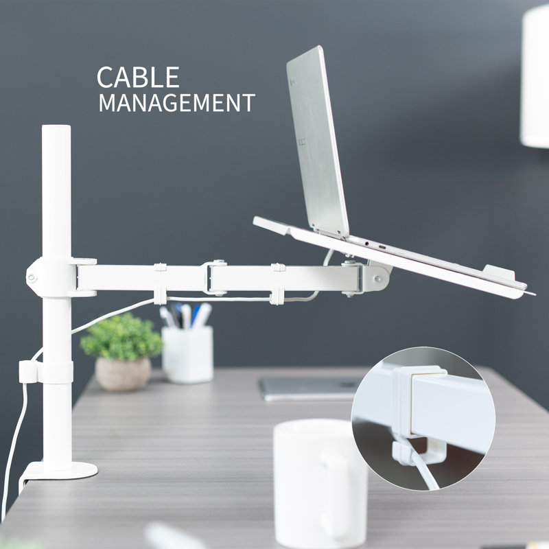 White Adjustable Laptop Desk Mount with C-Clamp and Grommet