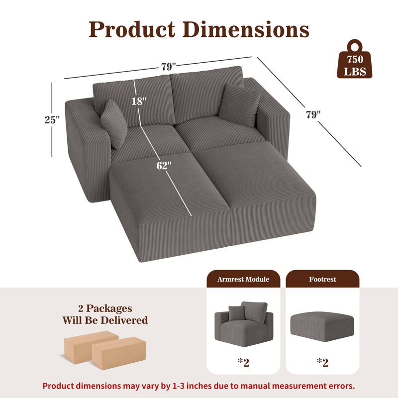 Canapé modulaire à compression 79 po, Velours côtelé gris