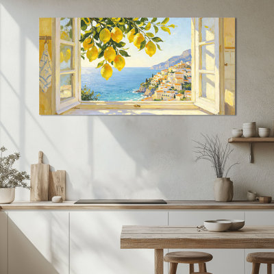 TIMUBA Amalfi Coast Italian Canvas Wall Art - Coastal Mediterranean Picture Wall Decor, Italian Lemon Painting Artwork for Kitchen and Dining Room, Wrapped Canvas with Pine Frame, 16×32 inches