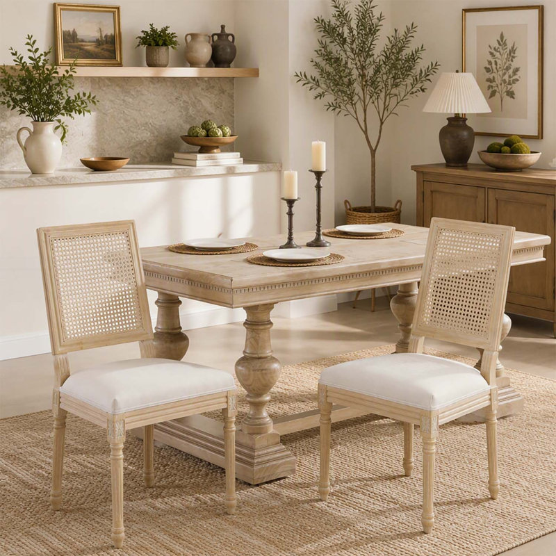 Ensemble de 2 chaises de salle à manger de style campagne française, dossier en rotin capitonné, finitions filigrané et sculptées, montage facile, beige