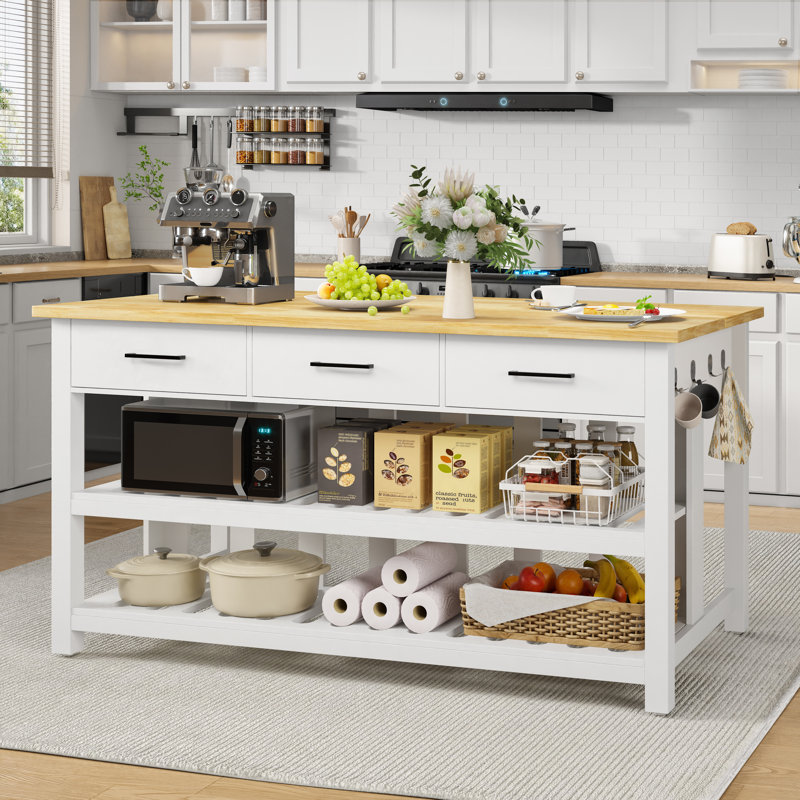 60" Solid Thick Wood Top Kitchen Island with Power Outlets , 3 Deep Drawers & 2 Open Shelves Storage Cabinet, White