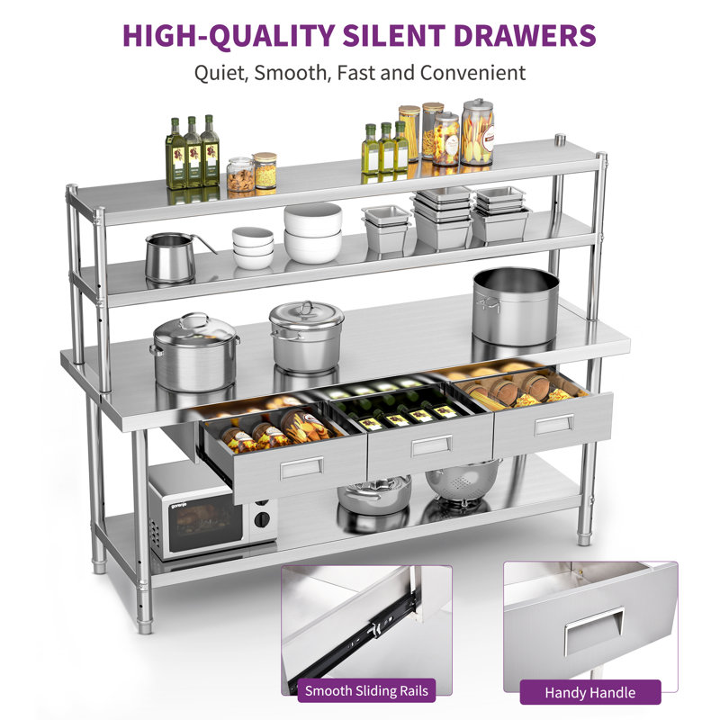 Tables de travail en acier inoxydable de L 72 po x l 24 po x H 31,4 po Edrosie Inc