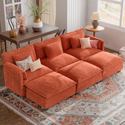 Amabilia 6-Piece 116'' Comfy Cloud Modular Sectional Sofa With Deep Seat, 3-Seat Sofa With Removable Ottomans-Chenille Fabric-Orange
