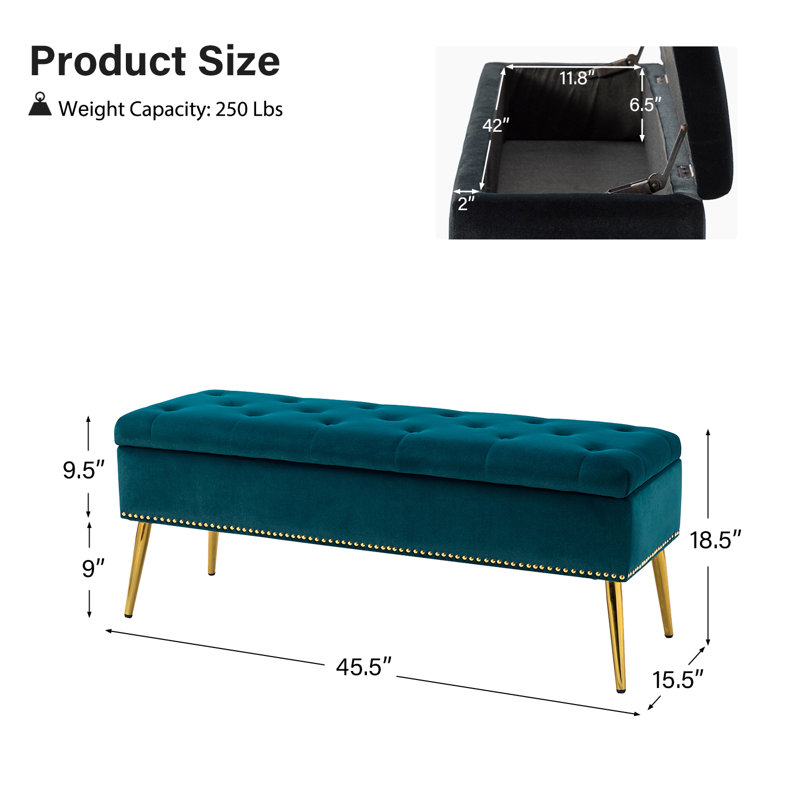 Banc de rangement rembourré en velours Kajana, Velours sarcelle
