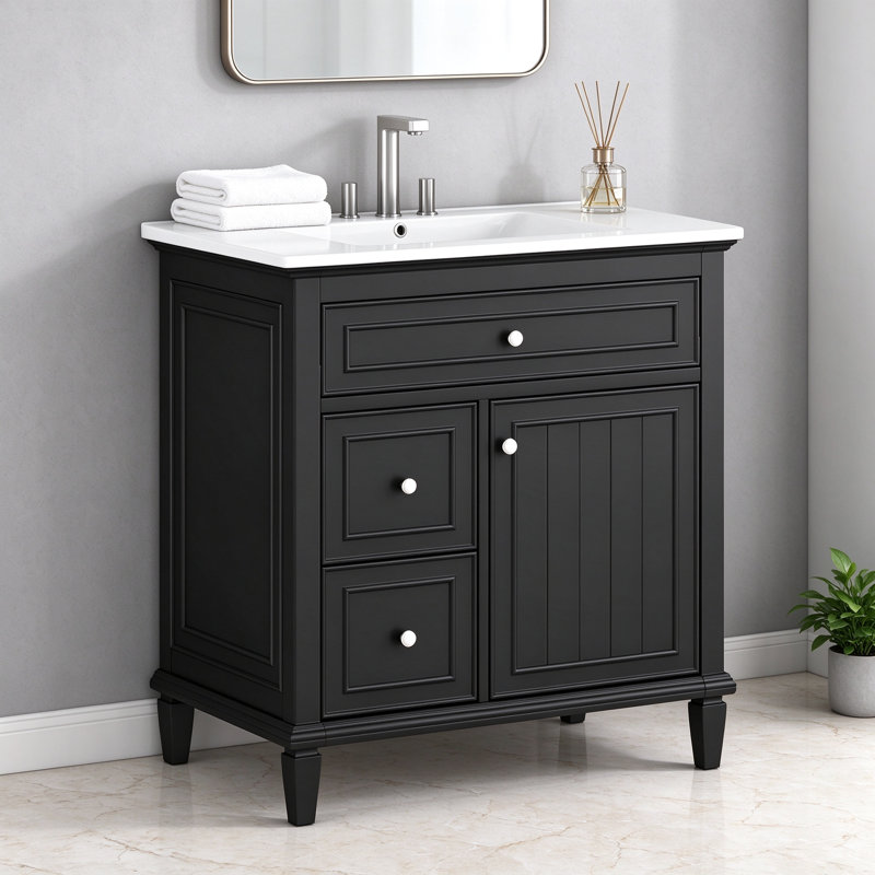 Meuble-lavabo traditionnel noir de 76 cm (30 pouces) avec lavabo, tiroir rabattable et deux tiroirs, tablette réglable